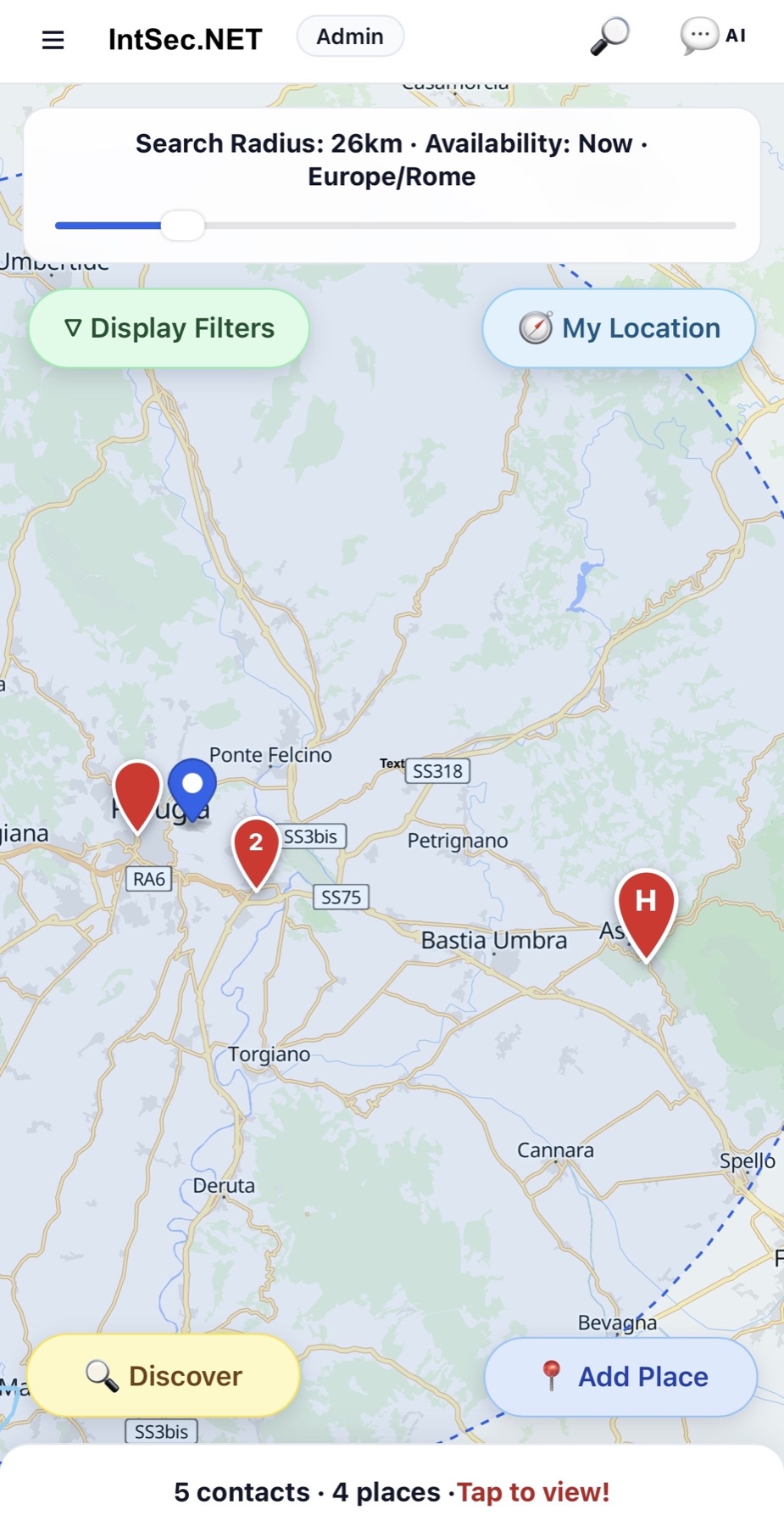 sAi mobile map with interactive search radius, availability filter and contact markers